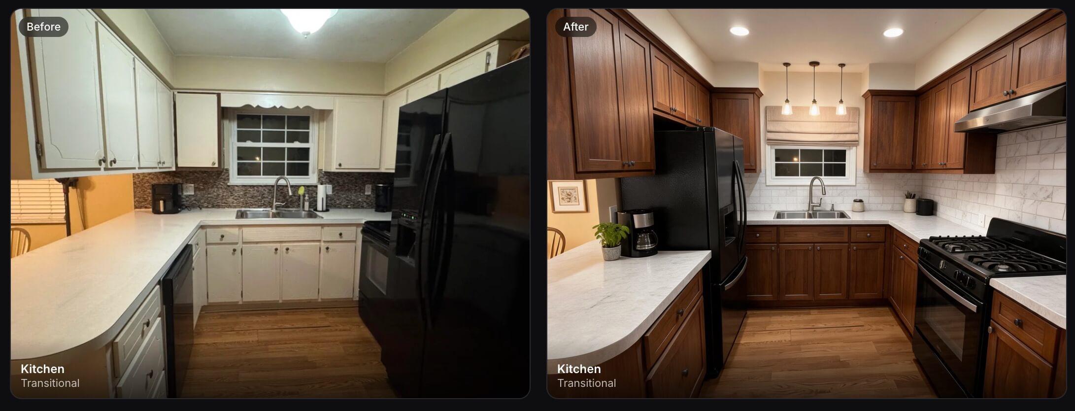 Transitional small kitchen remodel before and after generated with Roomagic