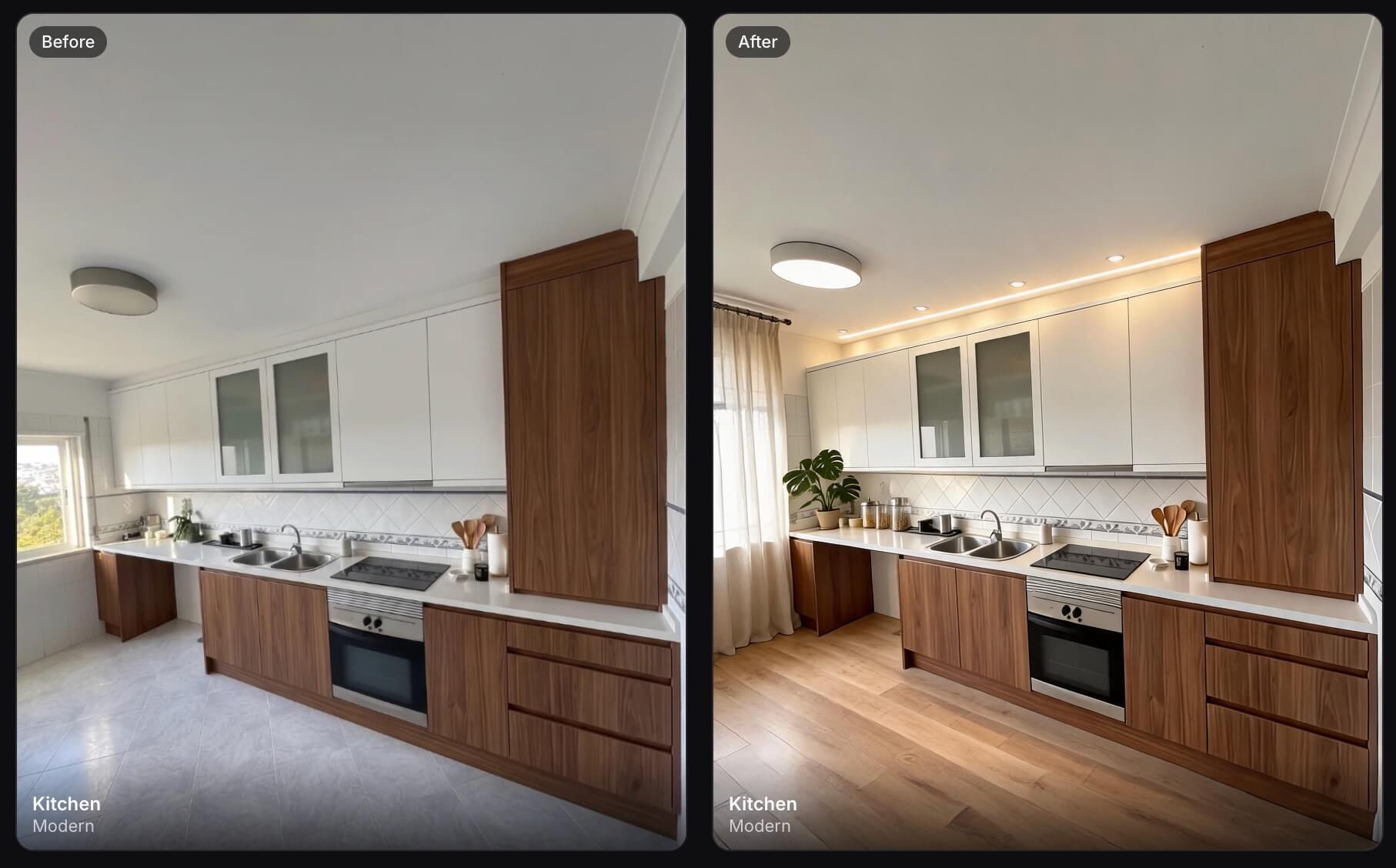 Modern small kitchen remodel before and after generated with Roomagic