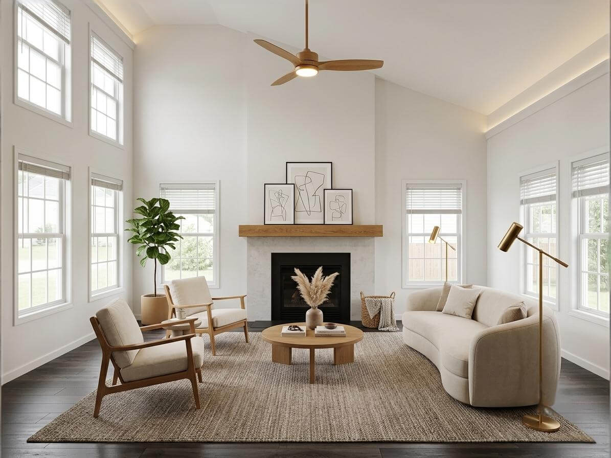 MeltFlex warm minimalist living room concept with neutral seating, wood accents, and layered lighting