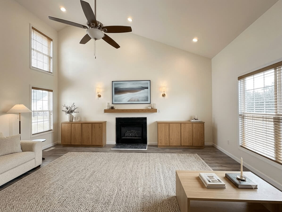 Planner 5D warm neutral living room concept with fireplace, oak cabinets, and a large area rug