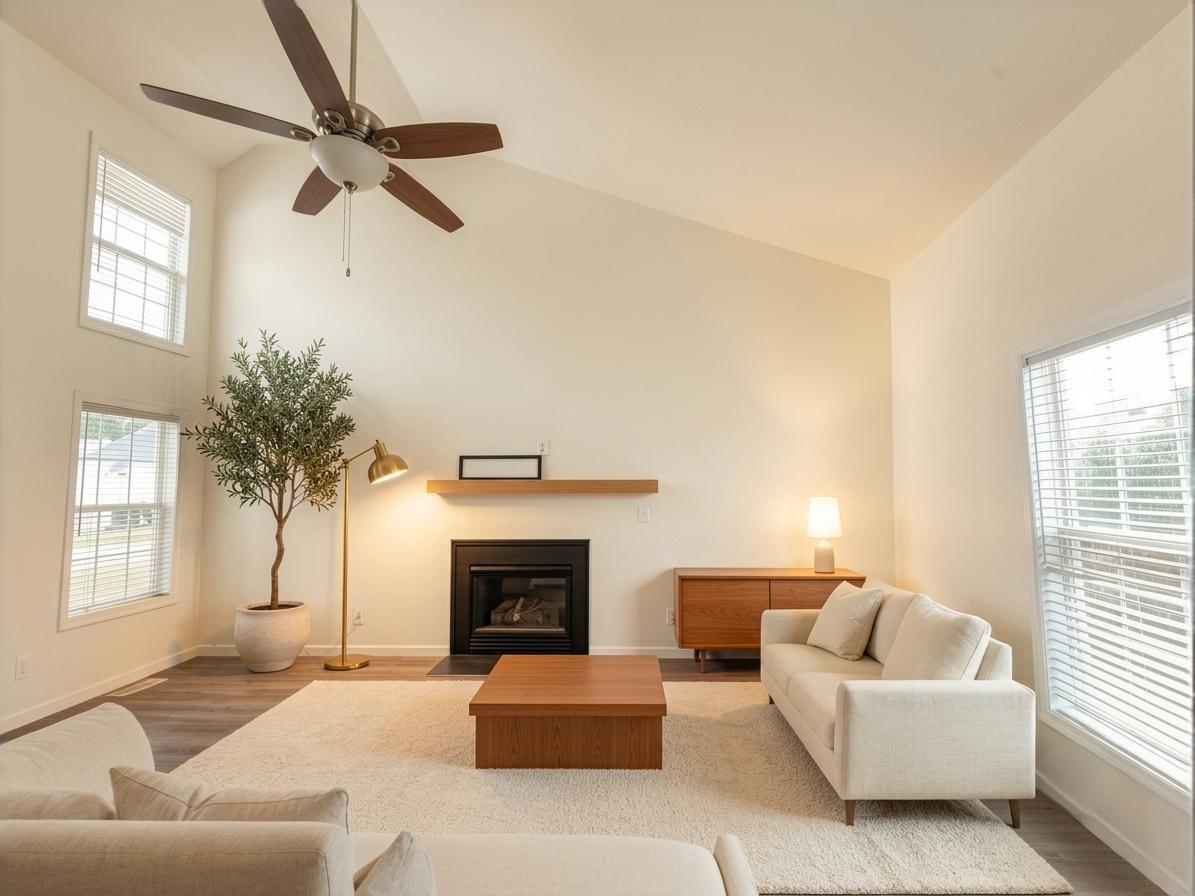 ReimagineHome warm modern living room concept with cream seating, wood furniture, and a potted tree