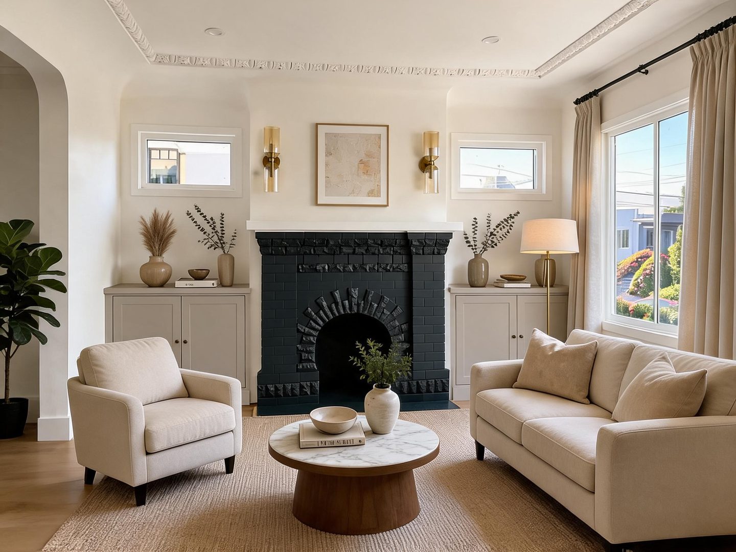 Transitional Living Room redesign after view from a real photo