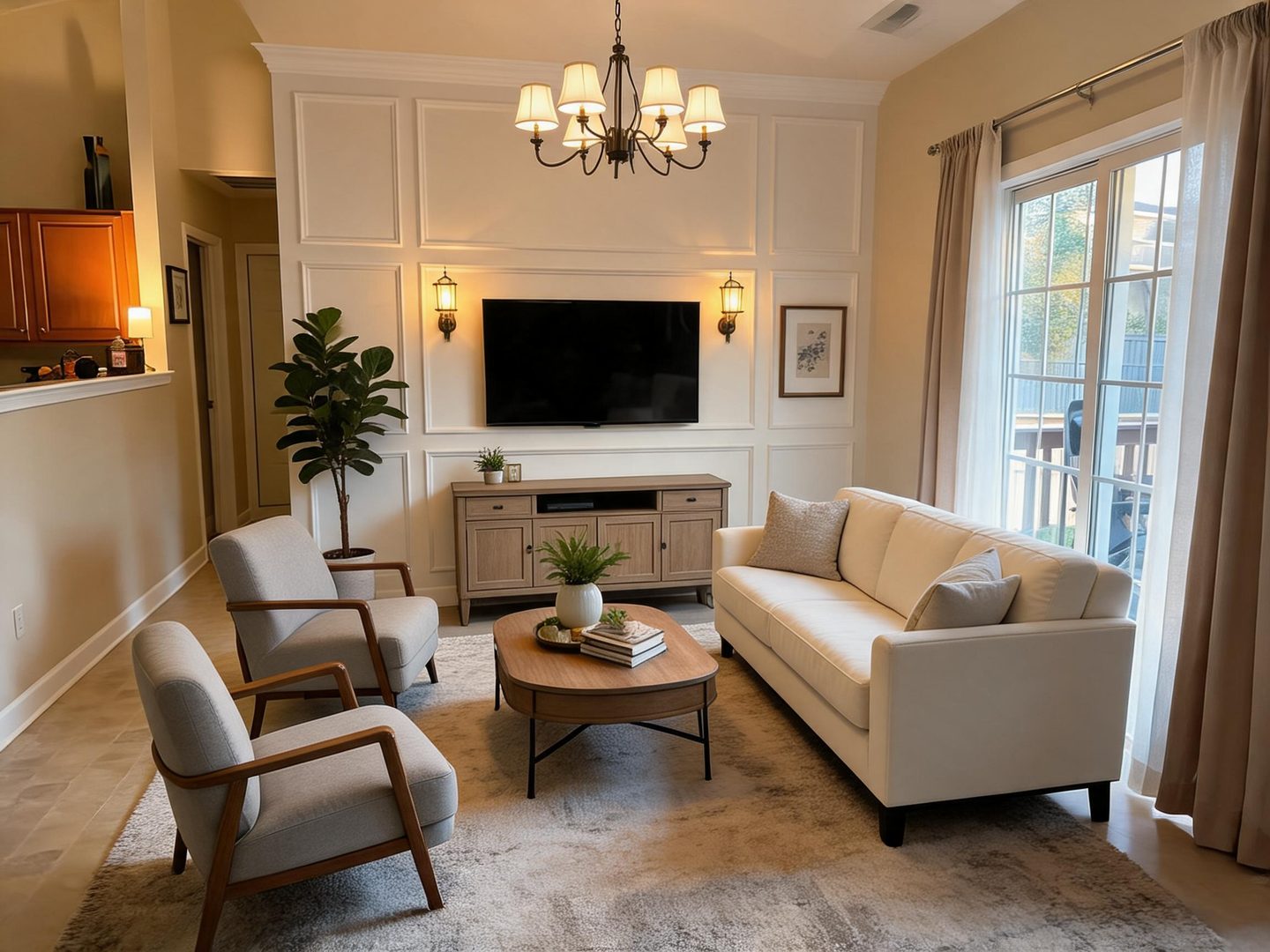 Transitional Living Room redesign after view from a real photo