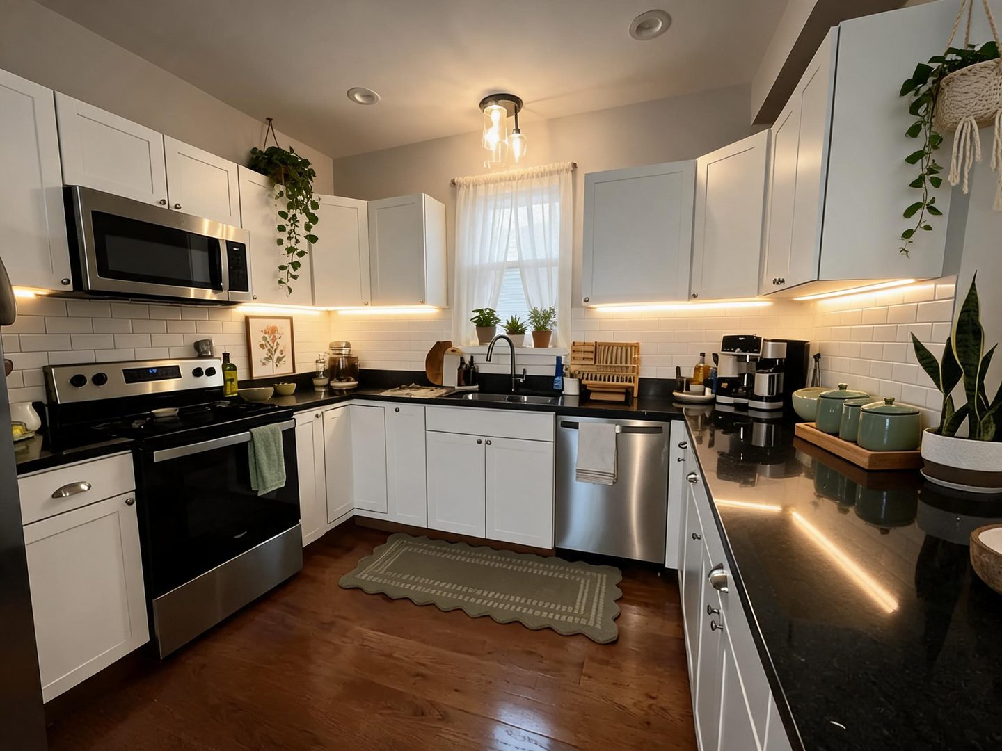 Warm traditional transitional with plants and soft green accents Kitchen redesign after view from a real photo