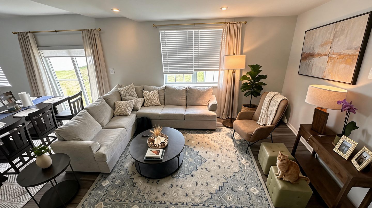 Transitional Living Room redesign after view from a real photo
