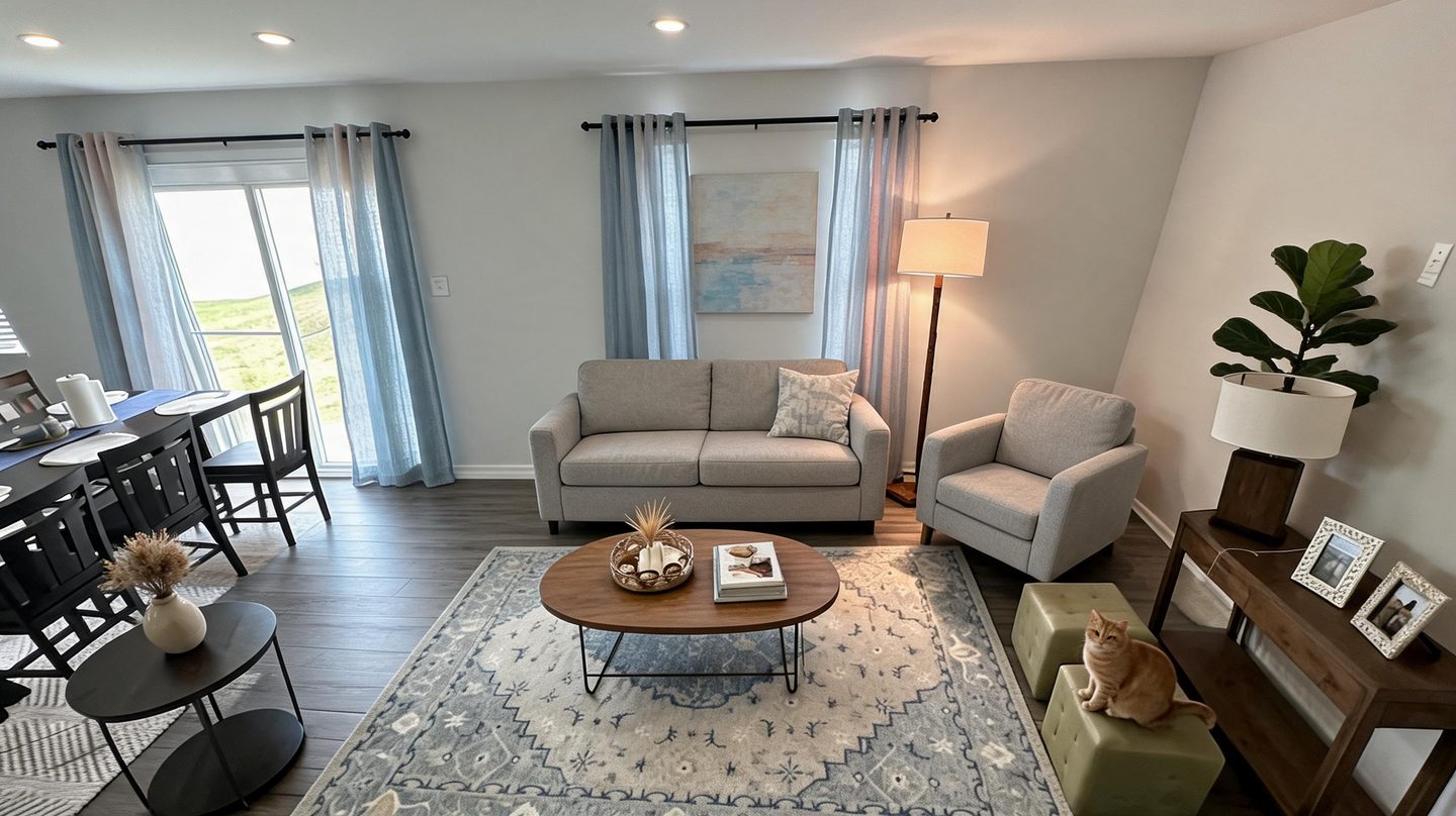 Transitional Living Room redesign after view from a real photo