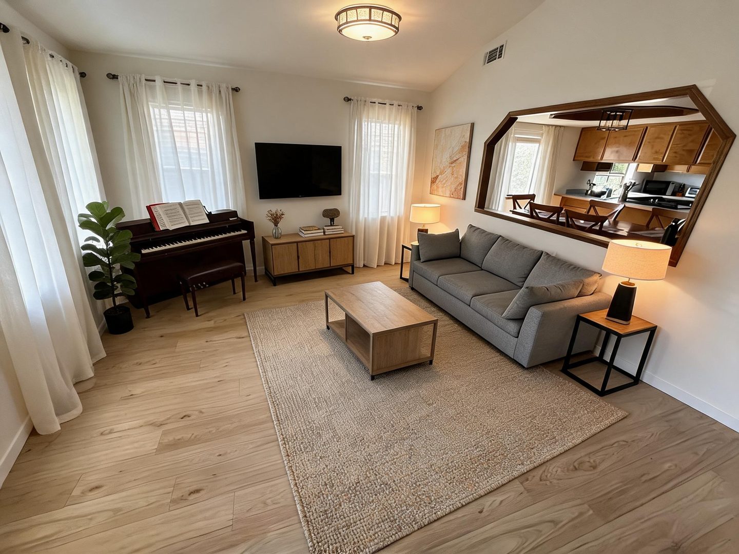 Transitional Living Room redesign after view from a real photo