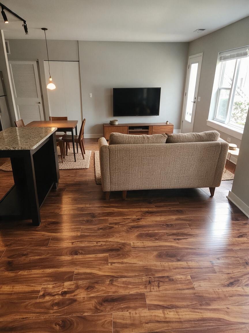 Transitional Living Room redesign after view from a real photo