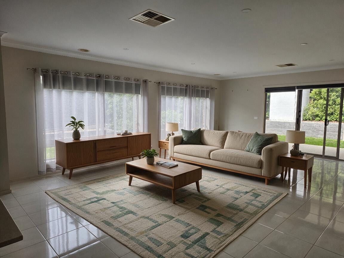 Midcentury Modern Living Room redesign after view from a real photo