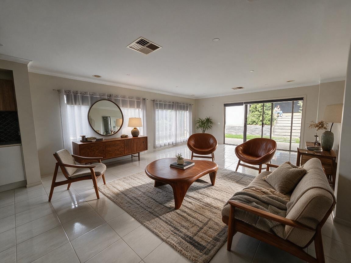 Midcentury Modern Living Room redesign after view from a real photo