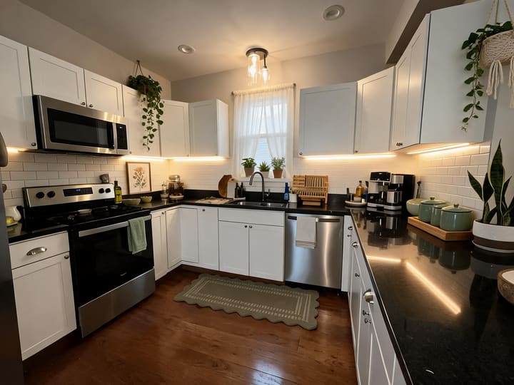 Warm traditional transitional with plants and soft green accents AI design result for Kitchen